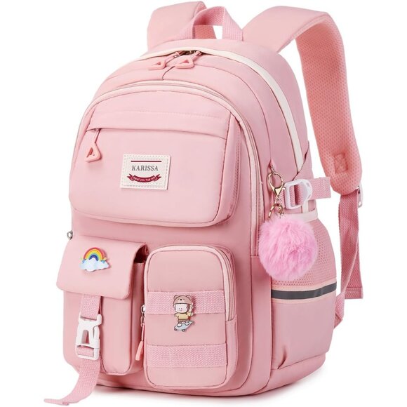 Kawaii Girls Backpack in Pink - Fashionable Multi-Pocket Bookbag for School